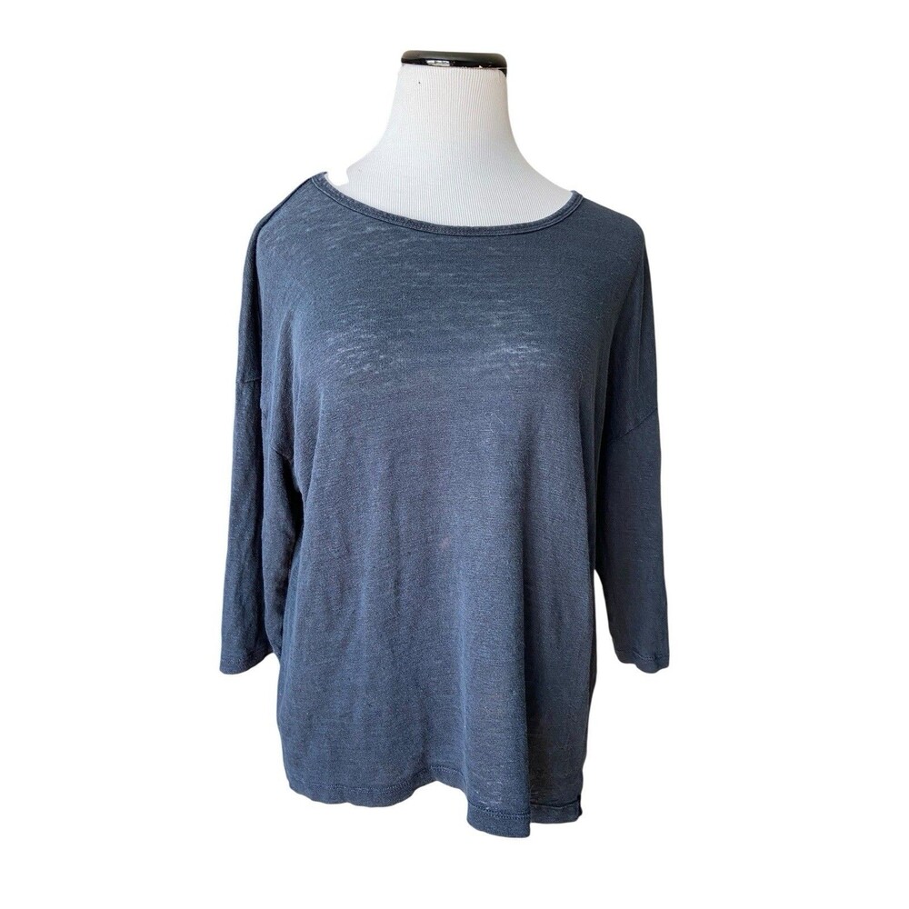 J JIll Love Linen Top Size L Navy Drapy Lagom Minimalist Capsule Quiet Luxury